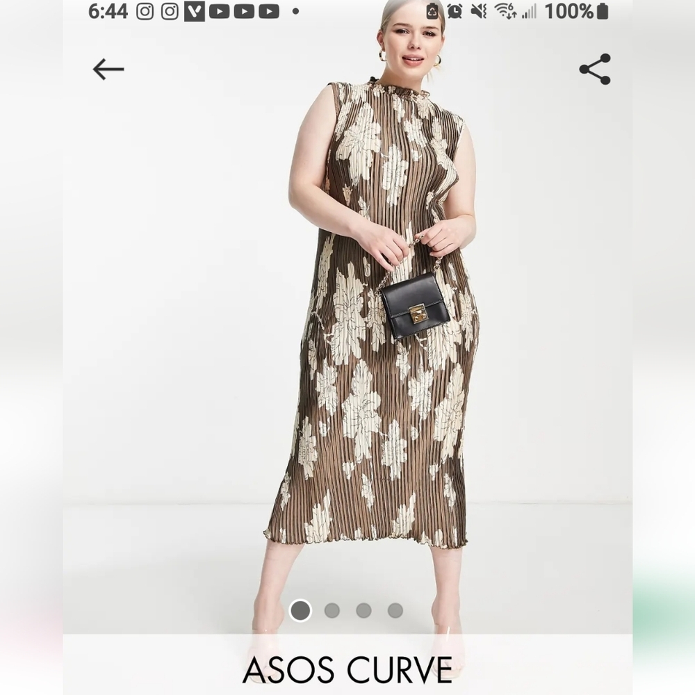 ASOS Curve Floral Pleated Midi Skirt in Brown and Cream
